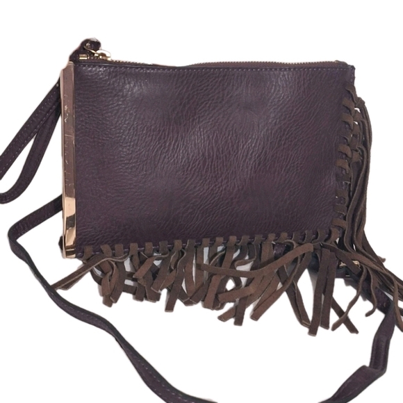 Free People Foreverly Crossbody Handbag Purse Purple Brown Faux Suede Fringe EUC - Picture 3 of 11
